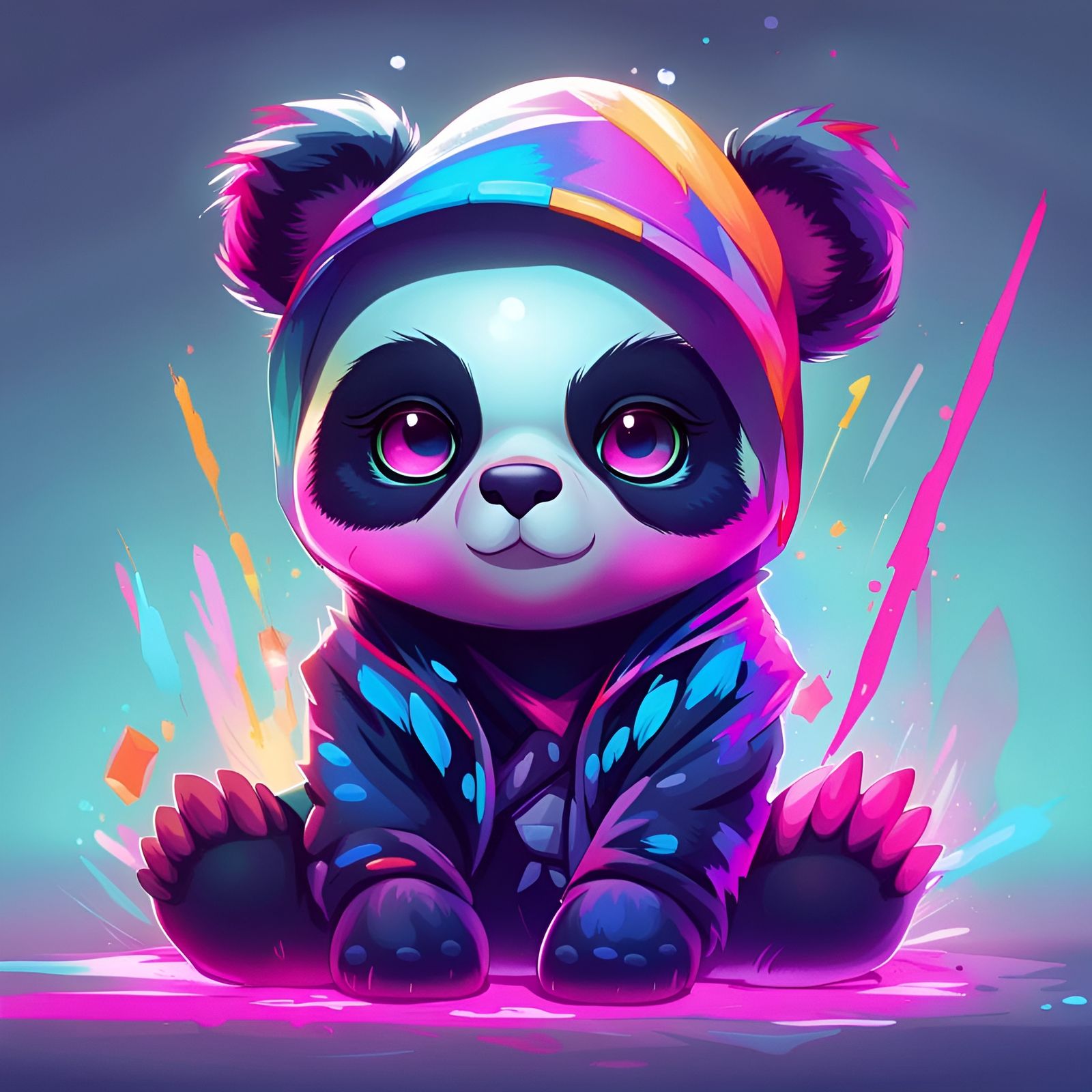 Adorable Chibi Panda Portrait in Neon Art Style