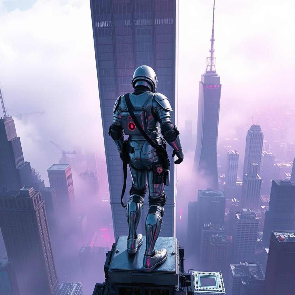 Vaporwave Seeker in Mist-Shrouded Cyberpunk City