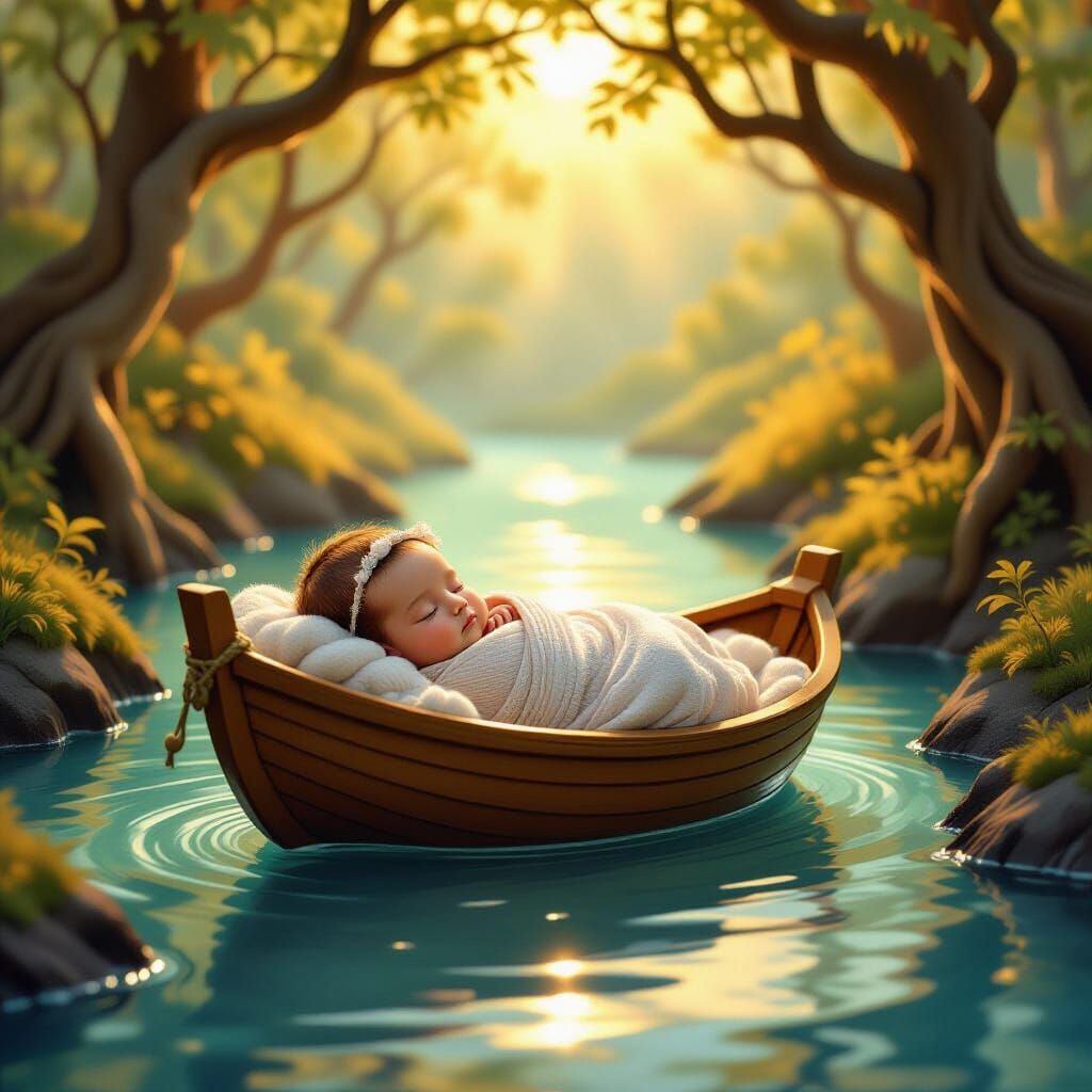 Serene Newborn Sleeps in Boat: Digital Pastel Painting