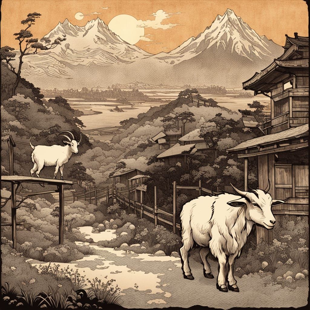Goat on Mountain Farm in Monochromatic Collagraphy