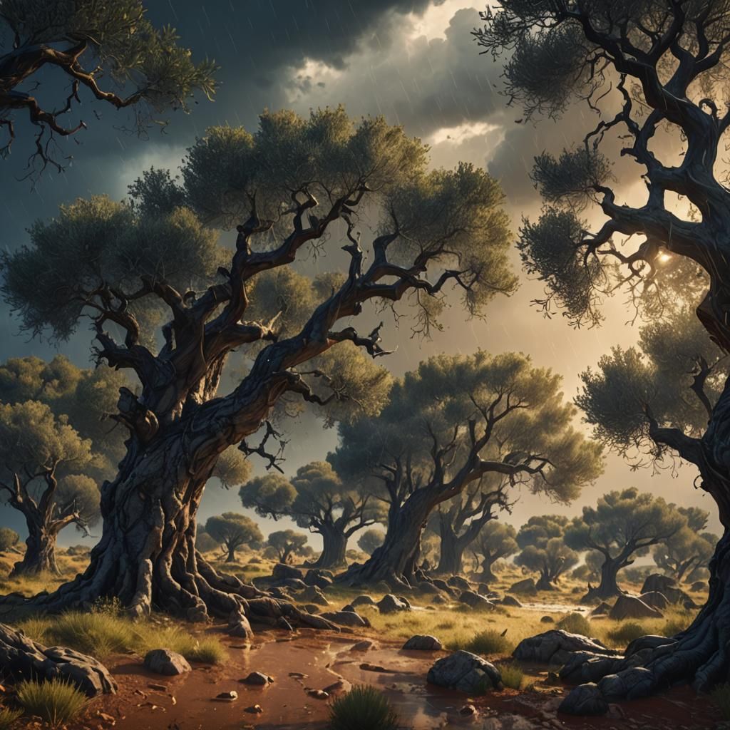 Mystical Olive Grove Landscape in the Rain