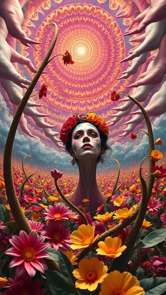 Elastic flora stretching and twisting in a vast surreal flor...