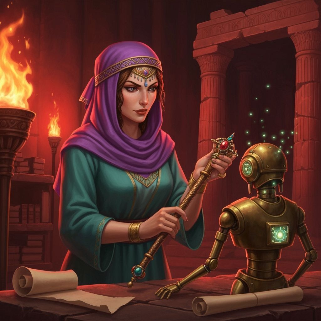 Middle Eastern Handmaid in Shadowed Archive with Automaton