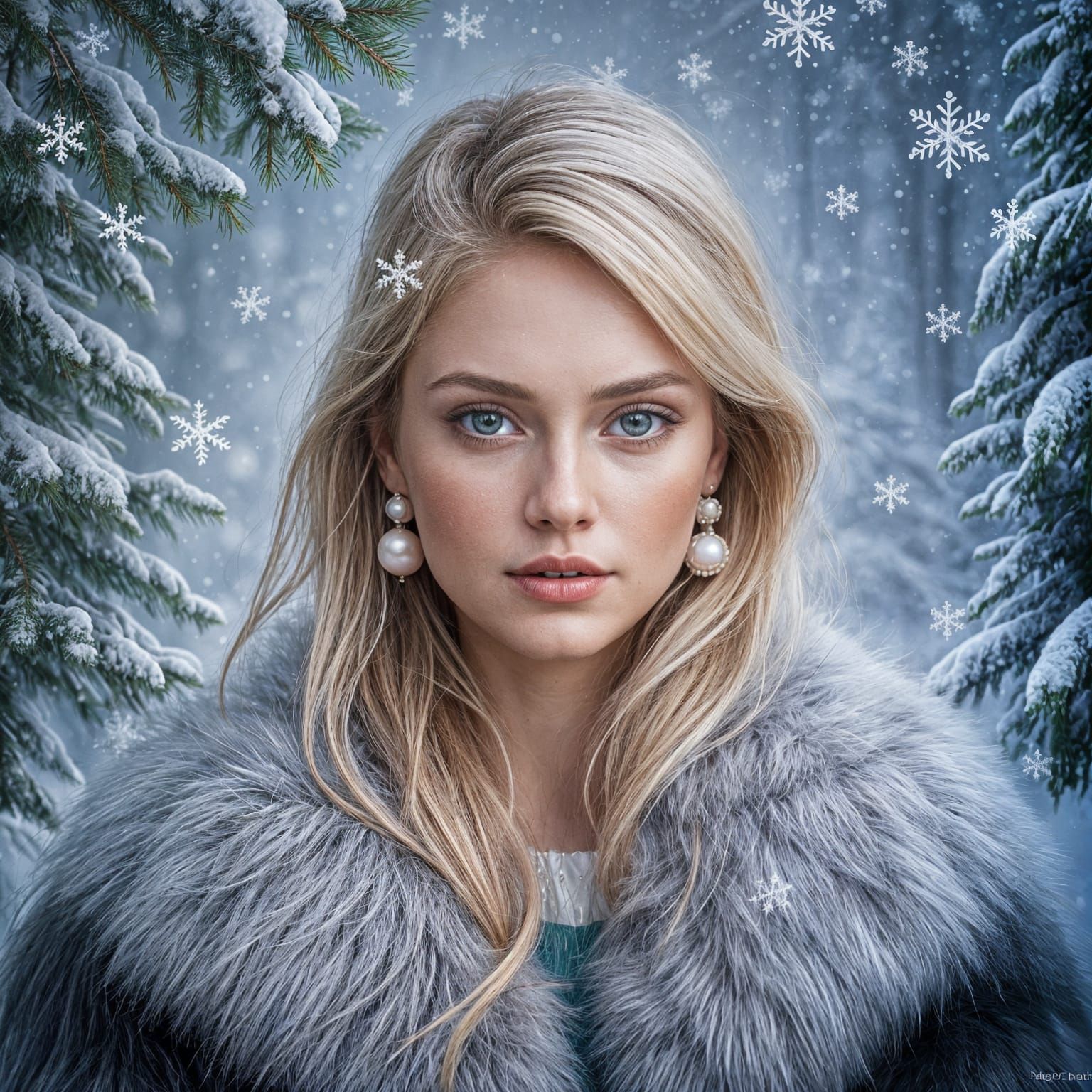 Hyperealistic Winter Scene: Norwegian Woman in Snowy Pine Fo...