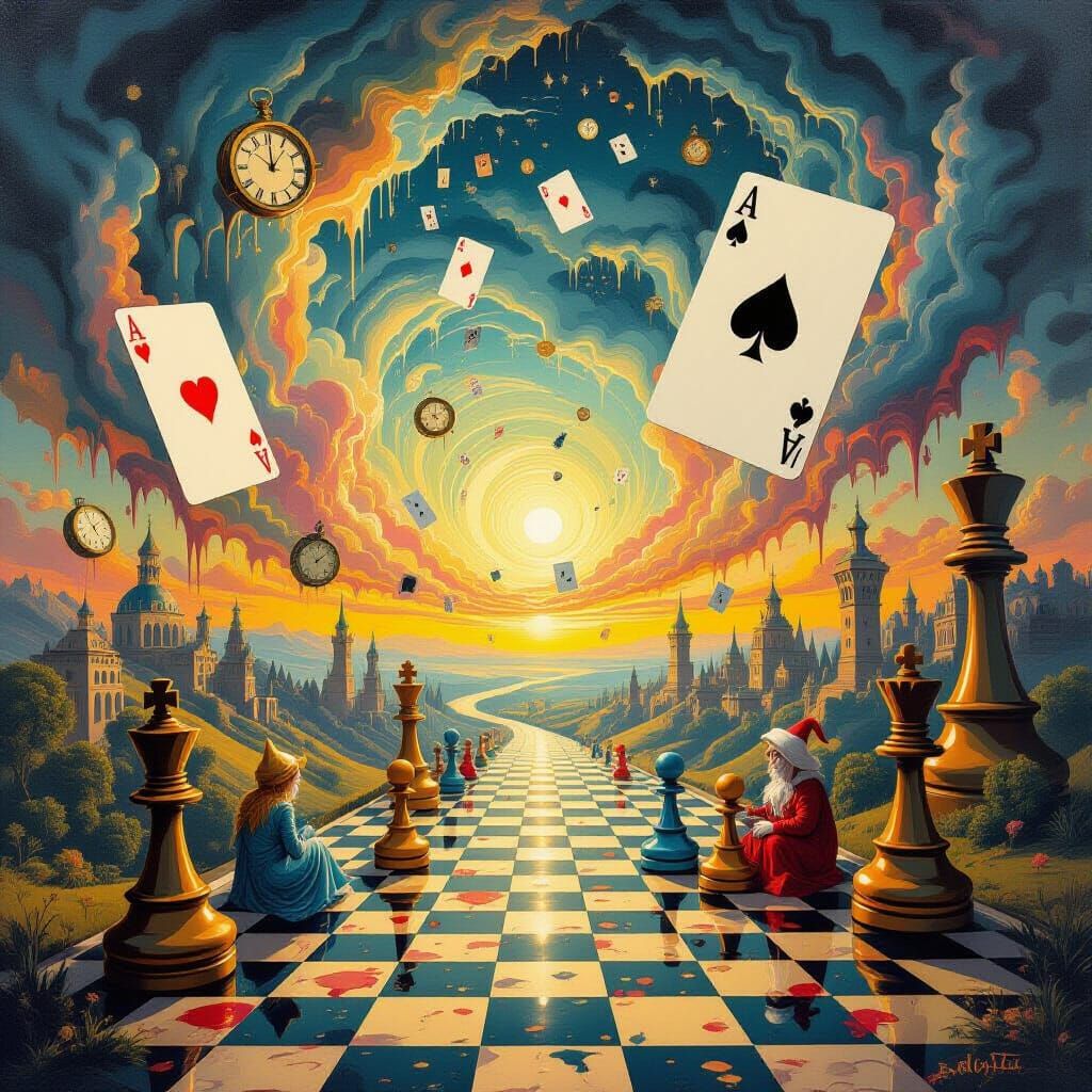 Surreal Chess and Cards Landscape in Dalí and Bosch Style