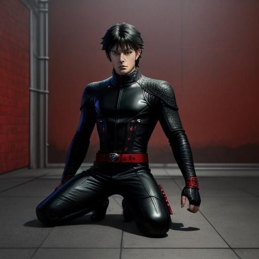 Muscular Man in Leather Biker Suit in Anime Style