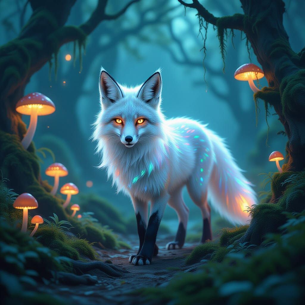 Ethereal Spirit Fox in Ancient Forest, Dark Fantasy