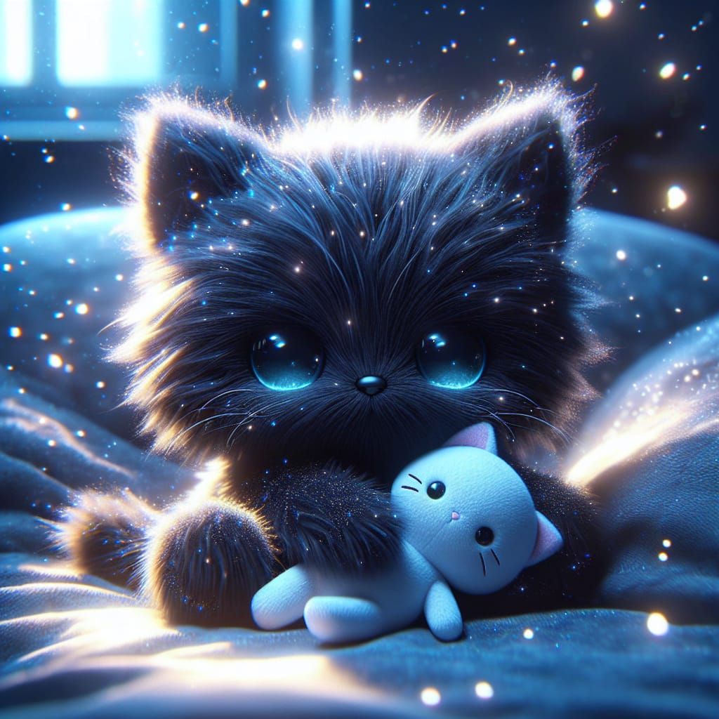 Sad Chibi Kitten Hugging Toy in Magical Setting