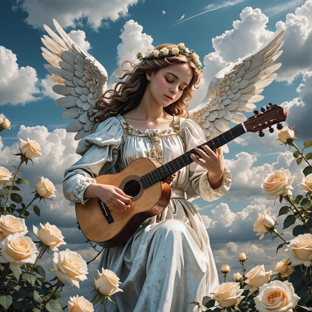 Angelic Musician Amidst Roses in Dreamlike Sky