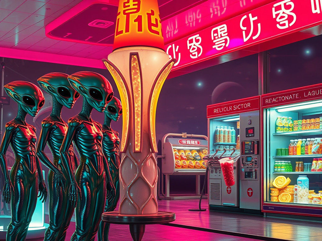 Futuristic Alien Gas Station with Neon Lights