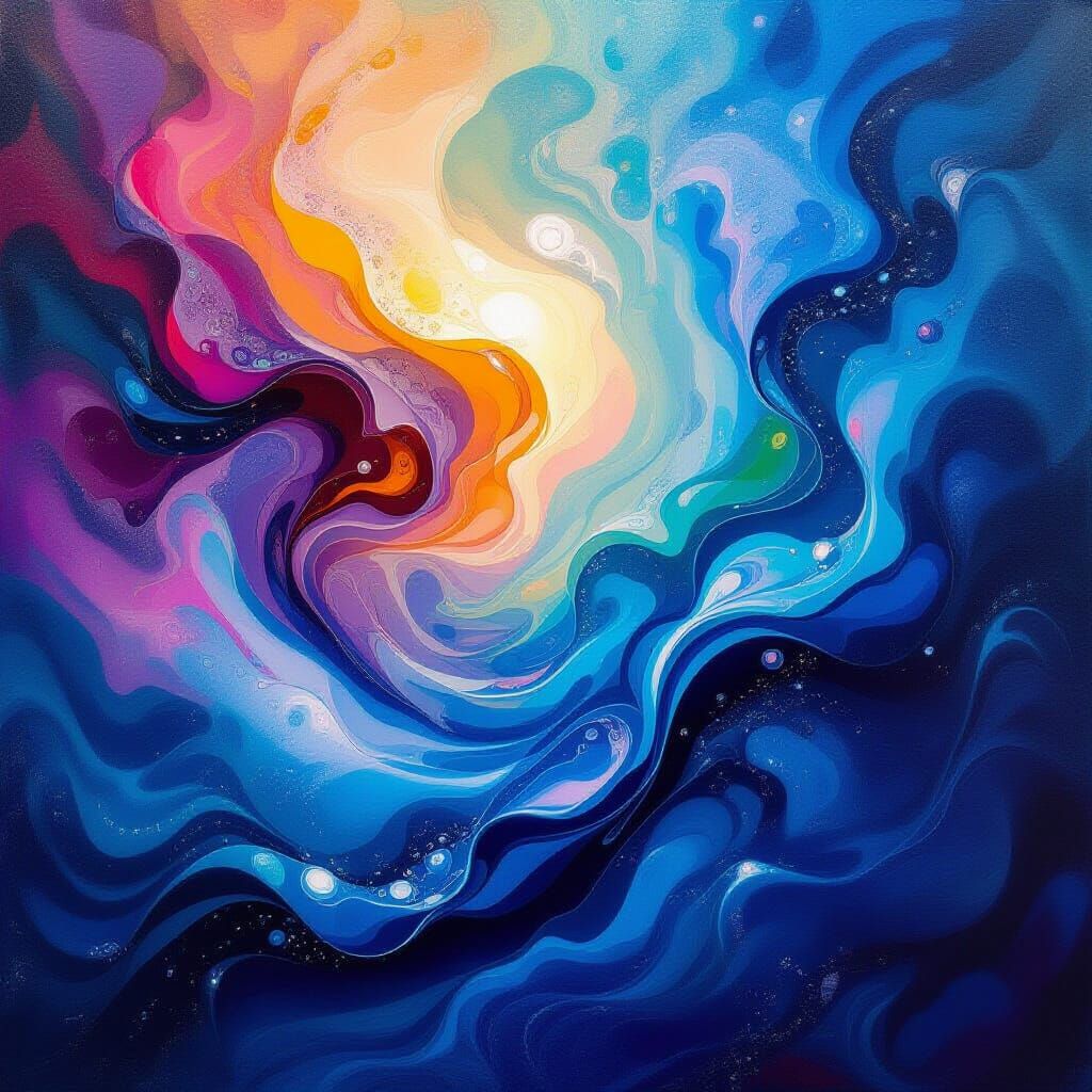 Surrealist Oil Painting of Swirling Iridescent Liquid