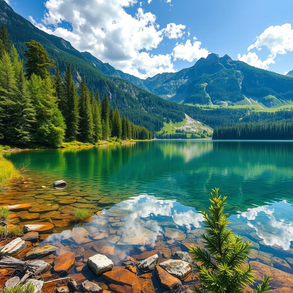 Mountain Lake Reflecting Summer Landscape in Realistic Style