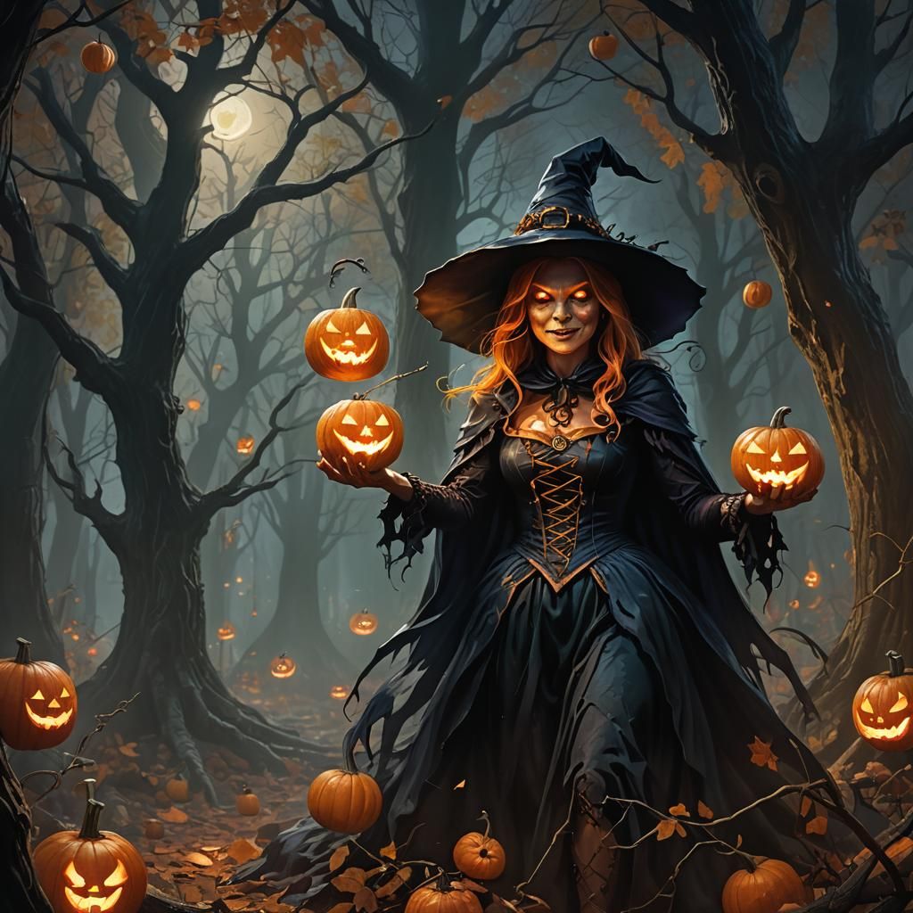 Vibrant Pumpkin and Cackling Witch in Dark Woods