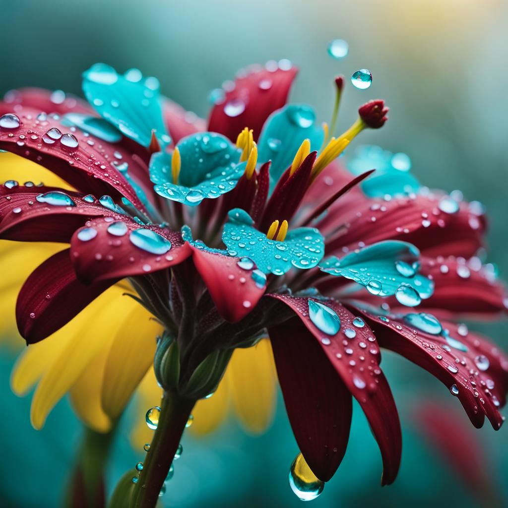 Water Droplets on Crimson and Turquoise Flower