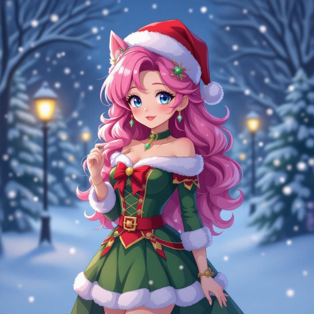 Beautiful Woman as Pinkie Pie in Snowy Christmas Scene