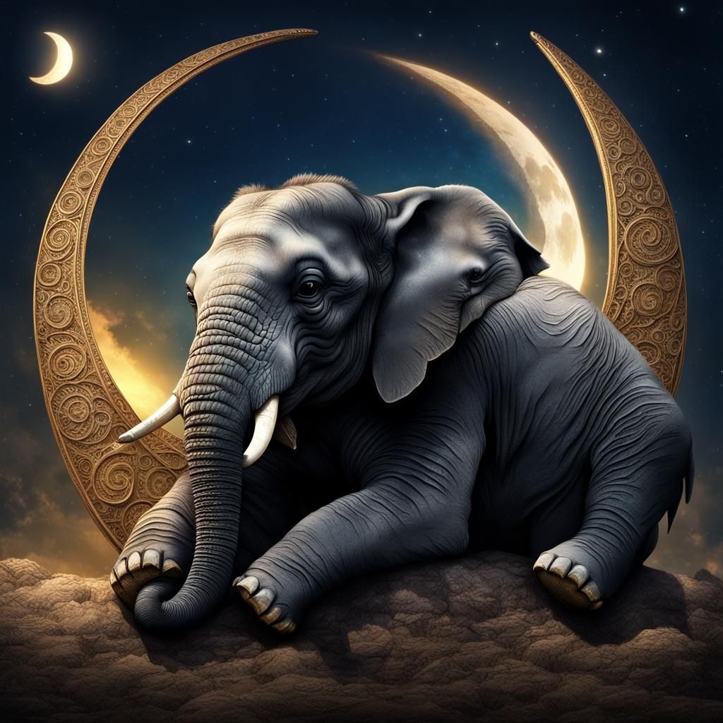Elephant Cub Dream on Moon, Digital Painting