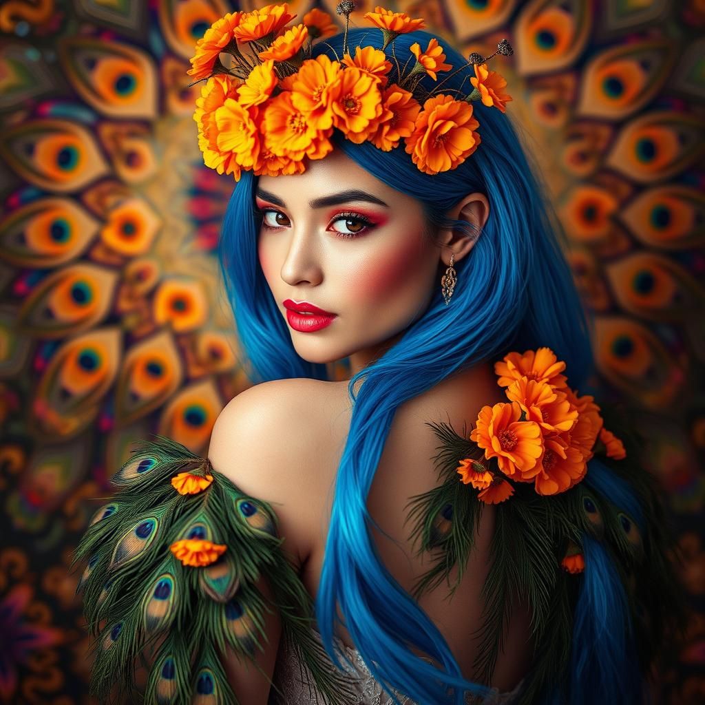 Peacock Woman with Marigold Crown in Cinematic Style