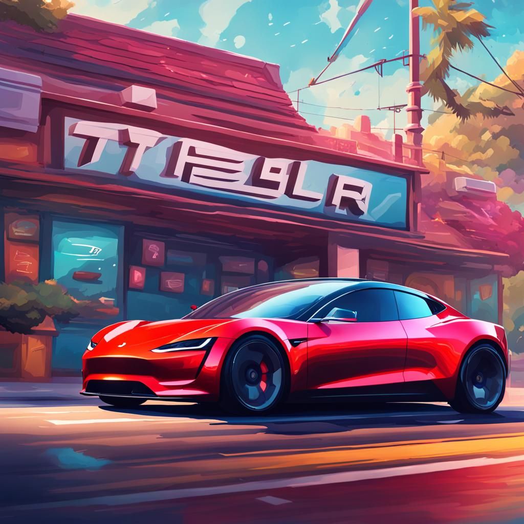 Tesla Roadster in Hyperrealistic Splash Art Style