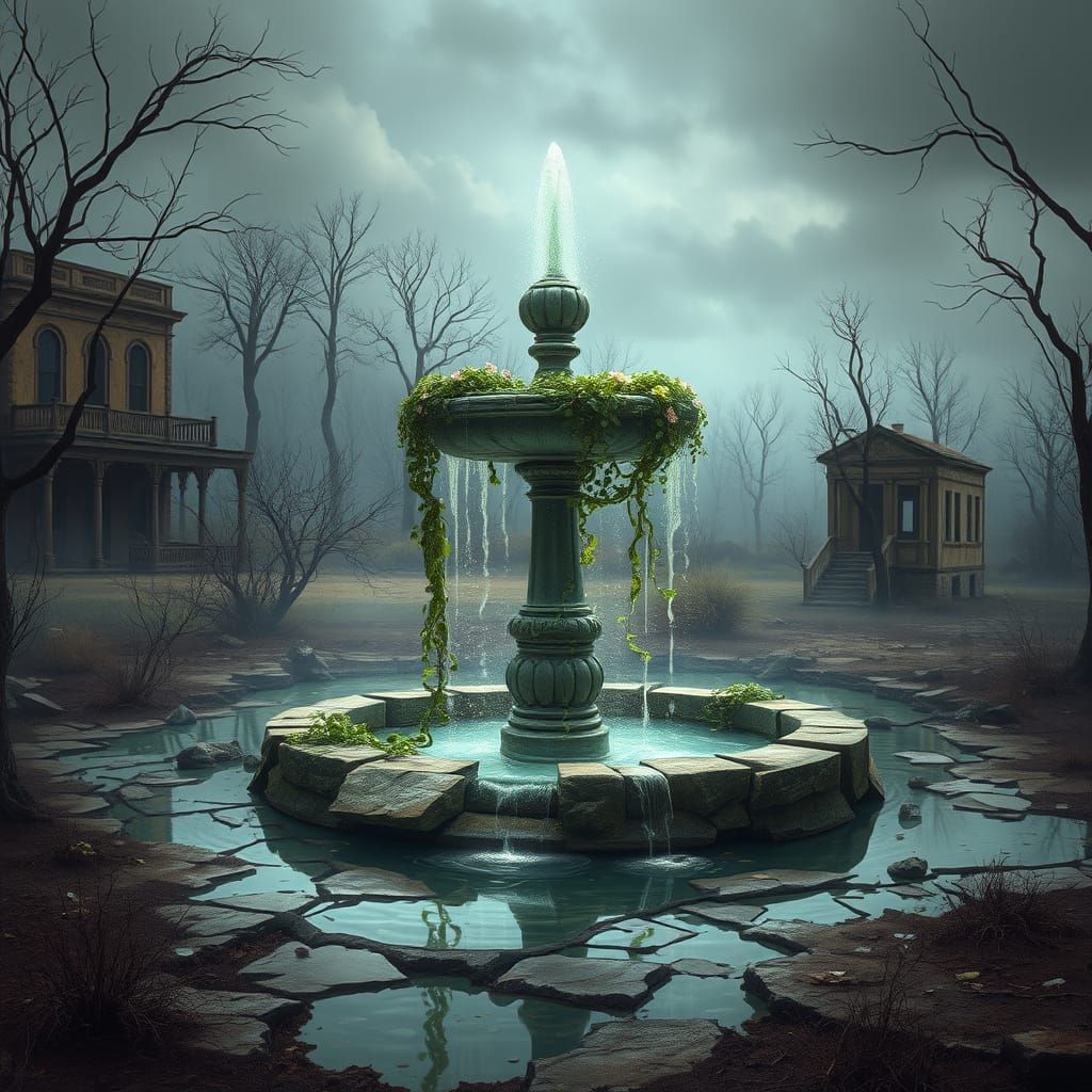 Luminescent Fountain Erupts in Desolate Landscape