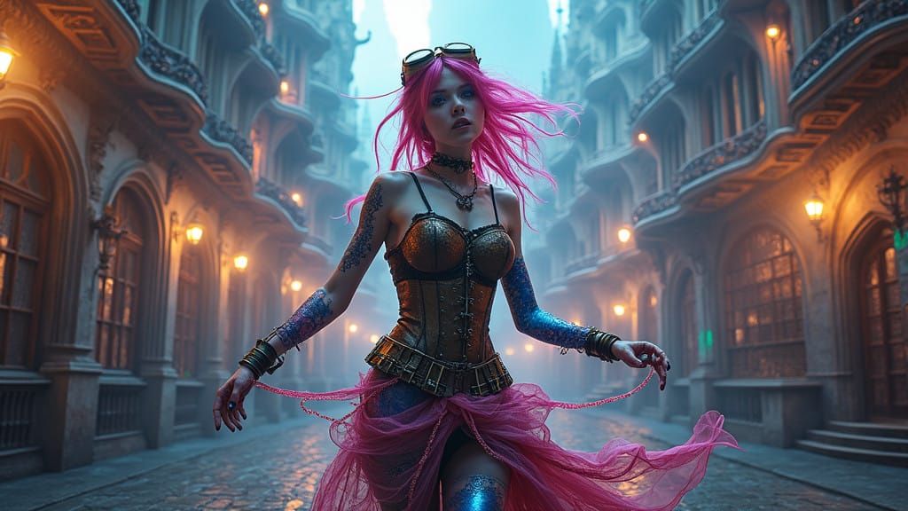 Cyberpunk Siren in Medieval Fantasy Cityscape