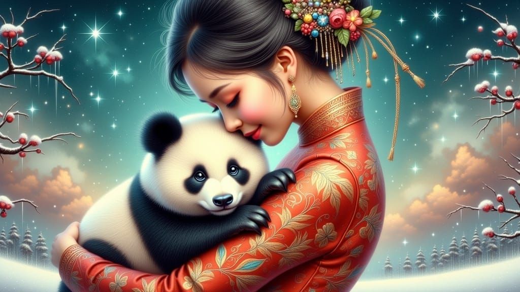 Asian Woman with Panda in Starry Winter Sky