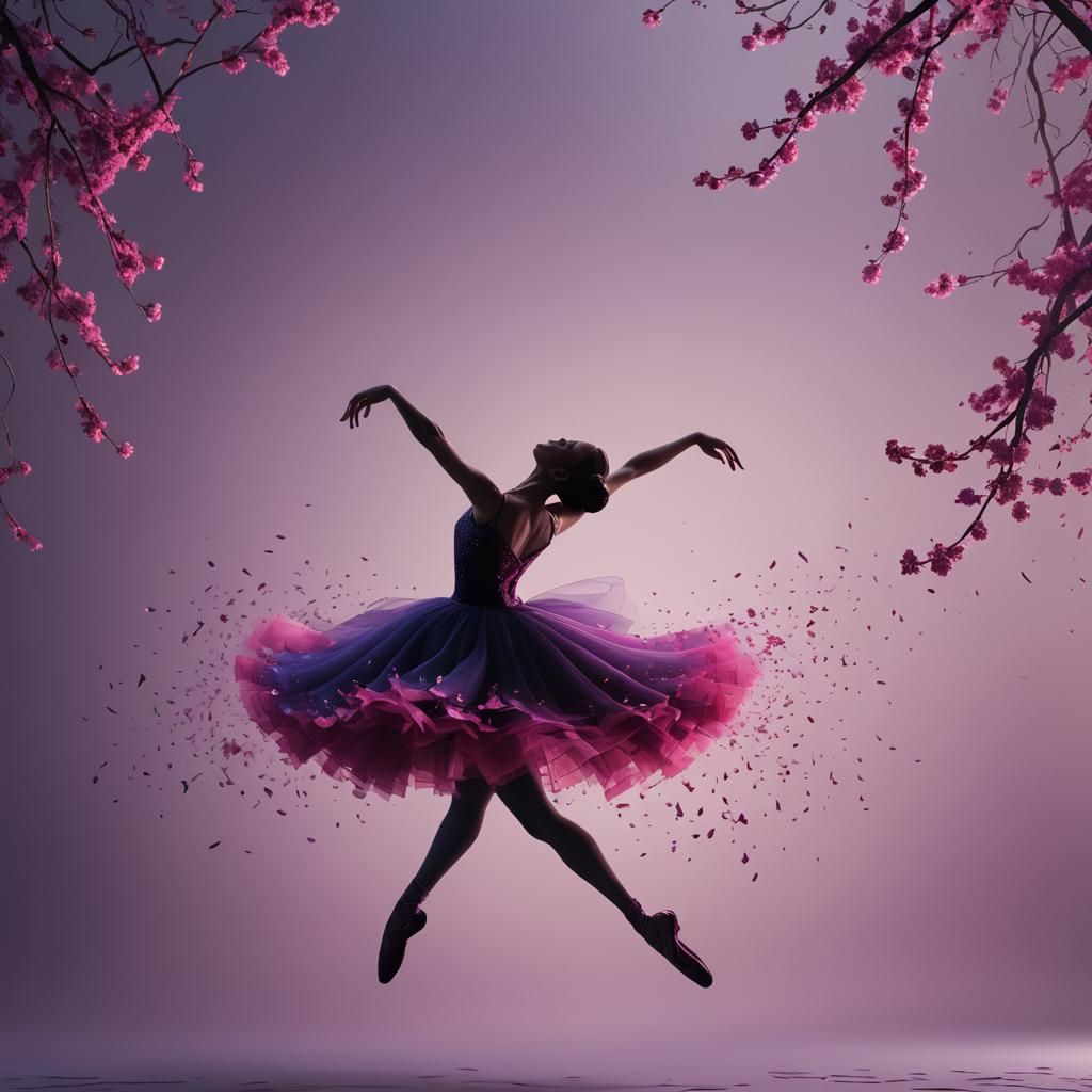 Ballerina Silhouette with Floating Flowers in Deep Color