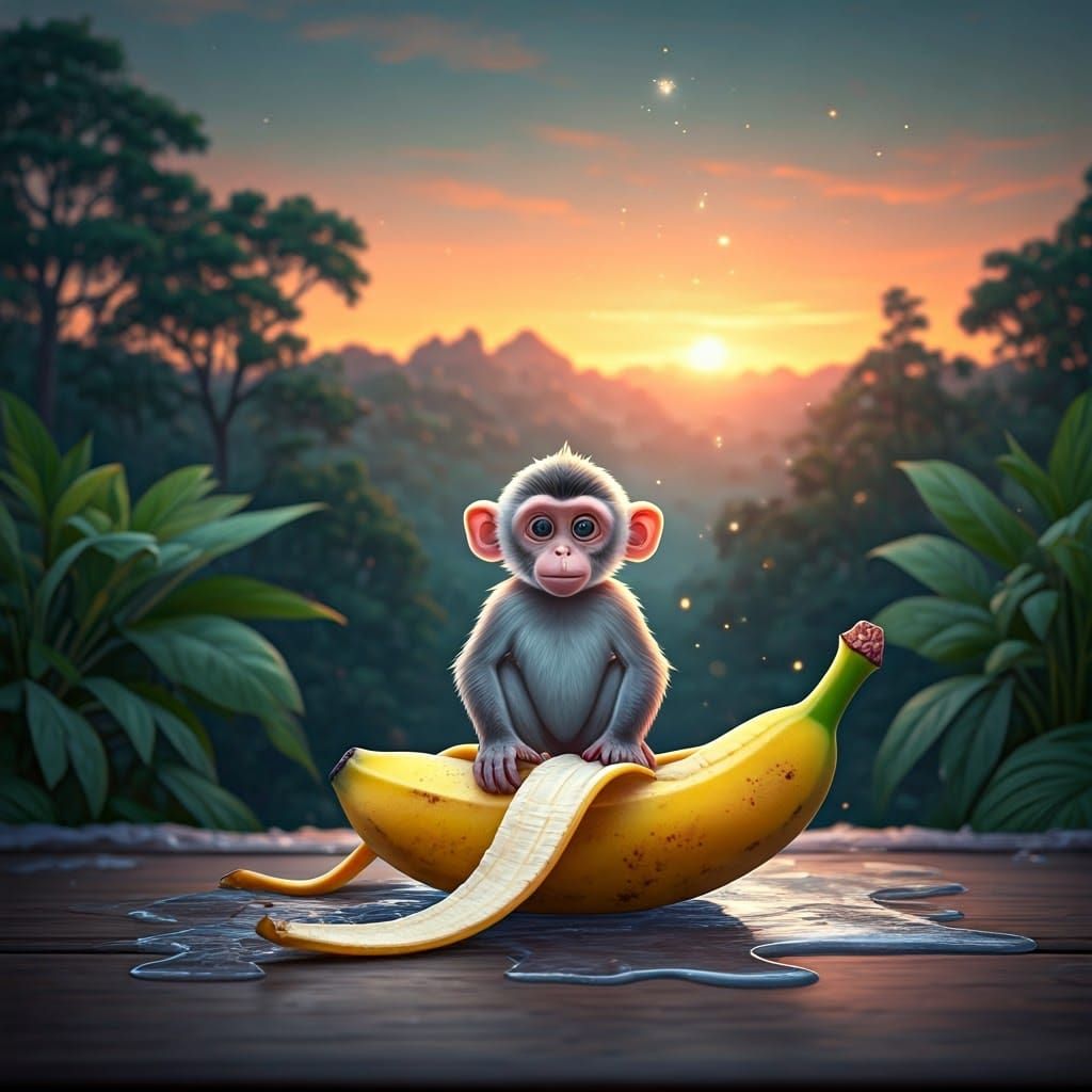 Frozen Water Monkey in Sunset Jungle Scene
