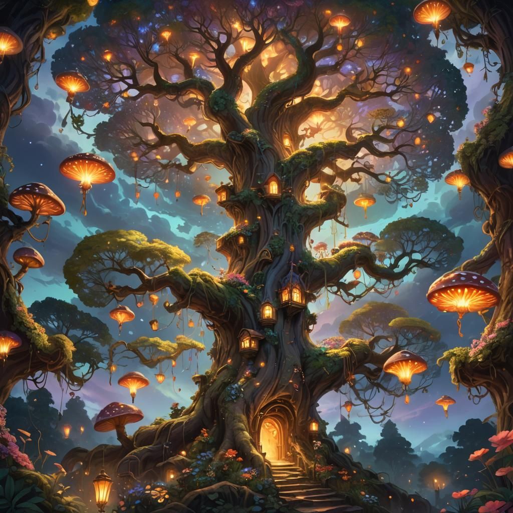Colossal Tree with Flowers in Mystical Fantasy World