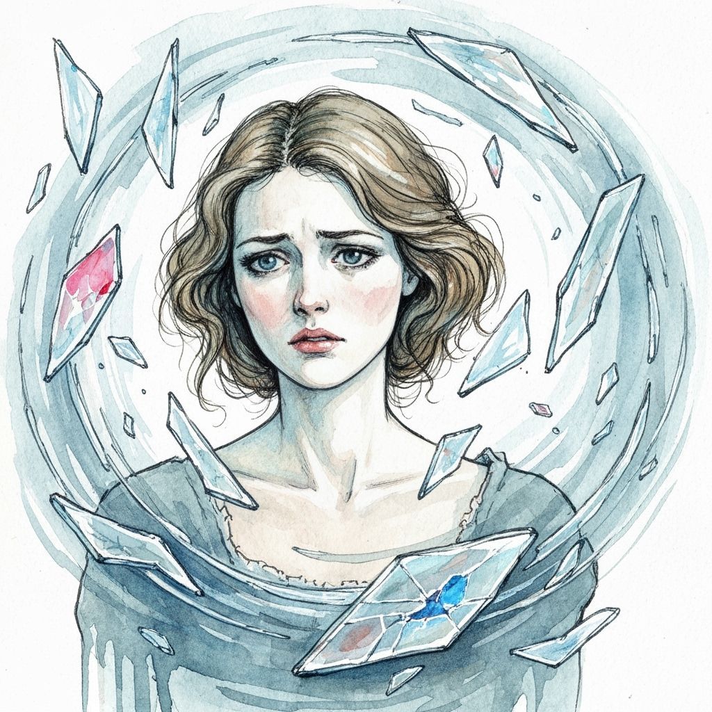 Melancholic Woman Lost in Illusion, Heart of Glass Shards