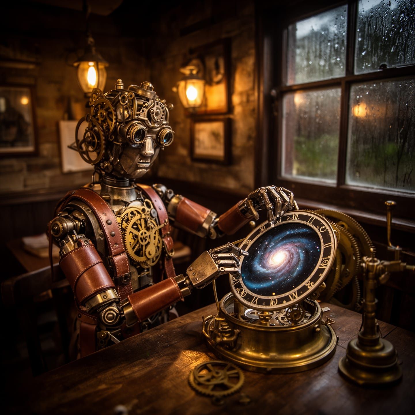 A vintage automaton, adorned with polished brass gears and l...