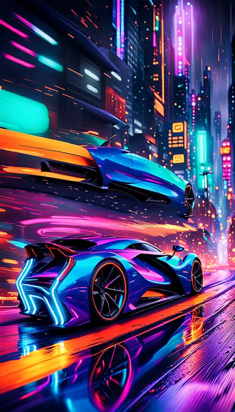 Neon Hypercar Concept Art in Rainy City