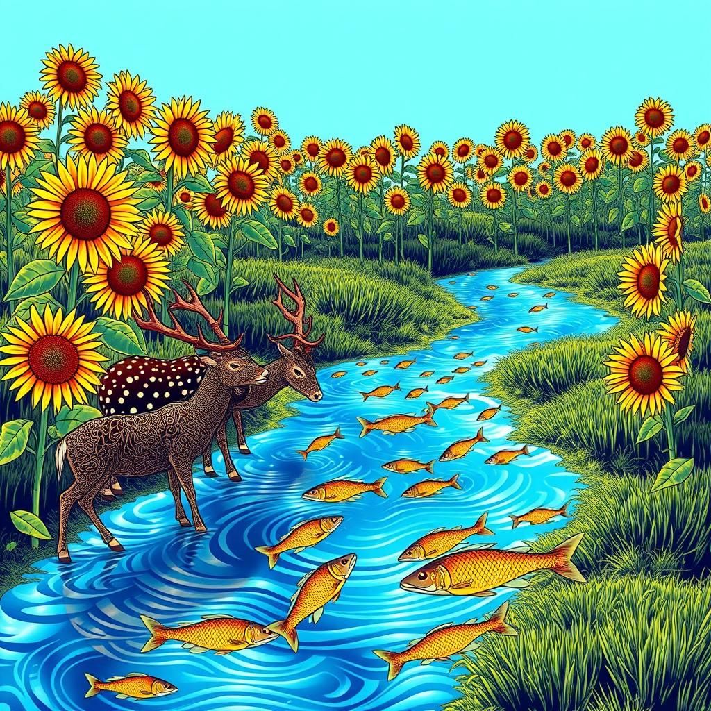 Sunflowers, Deer, and Stream in Abstract Vector Art
