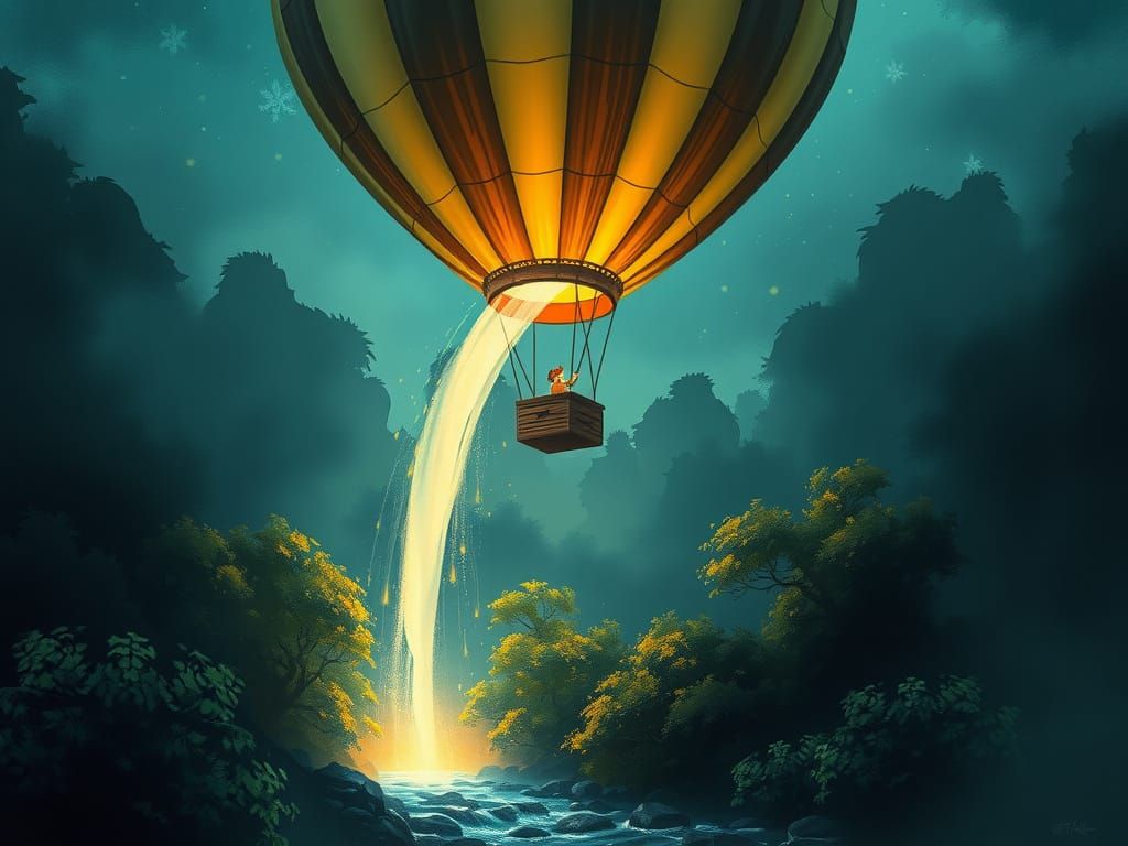 Magical Balloon Lantern Waterfall Over Enchanted Forest