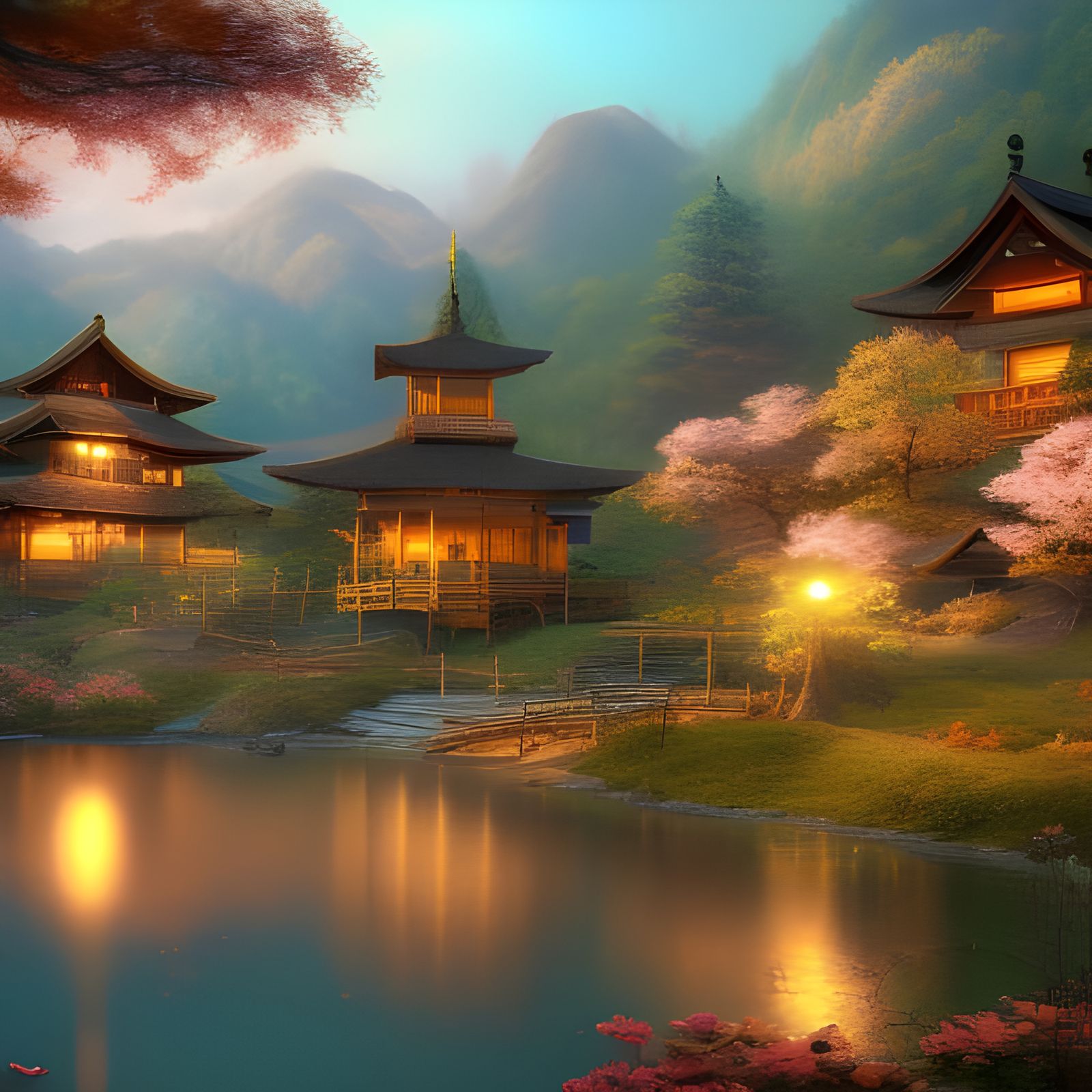 Tranquil Japanese Village at Sunset: Matte Painting