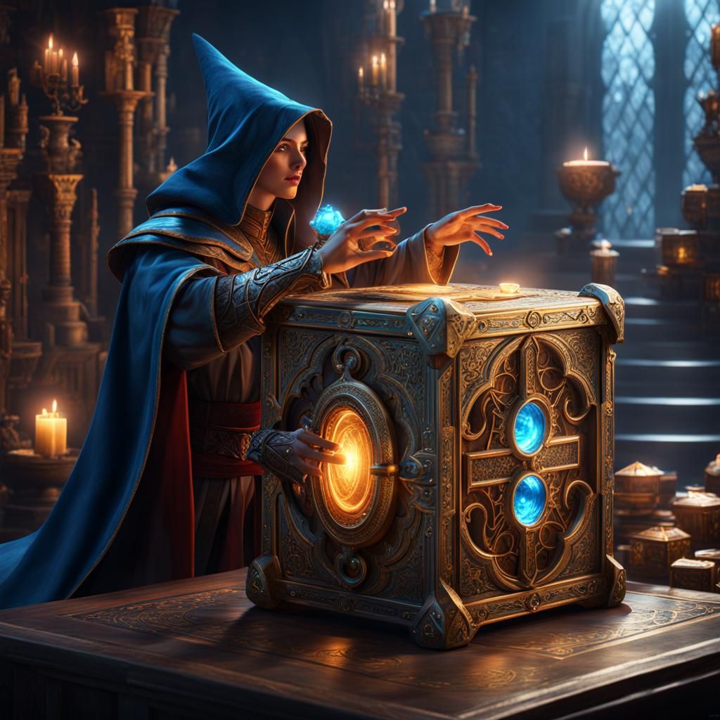 Fantasy Mage with Mystic Puzzle Box in Detailed Matte Painti...