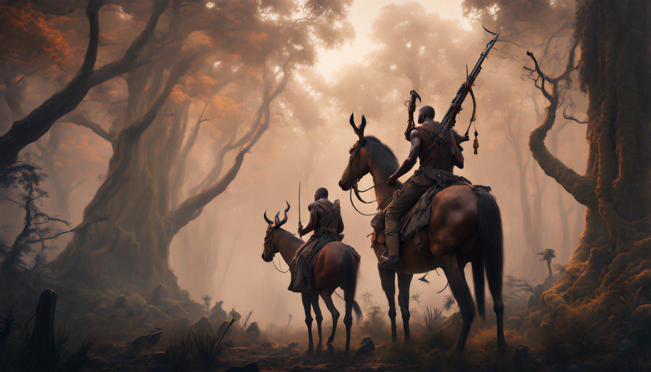 African Hunters in Misty Woods: Detailed Matte Painting