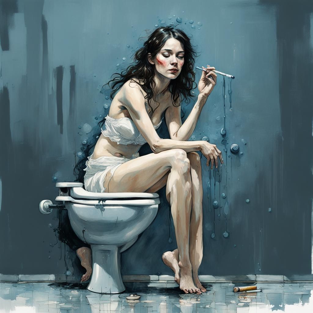 Woman's Quiet Cigarette Break in Blue Bathroom