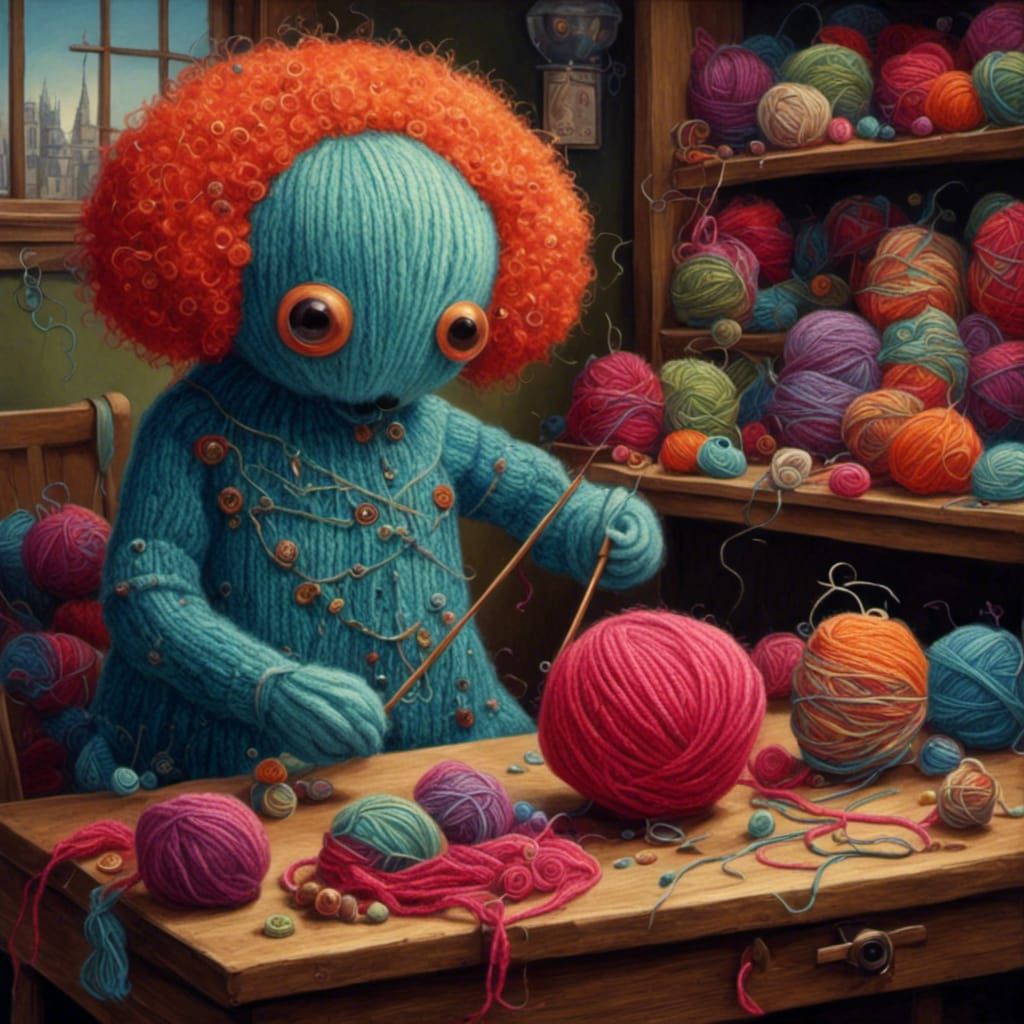 Yarn monster knitting a sweater, <lora:Warm Fuzzies:1.0> , pop surrealism