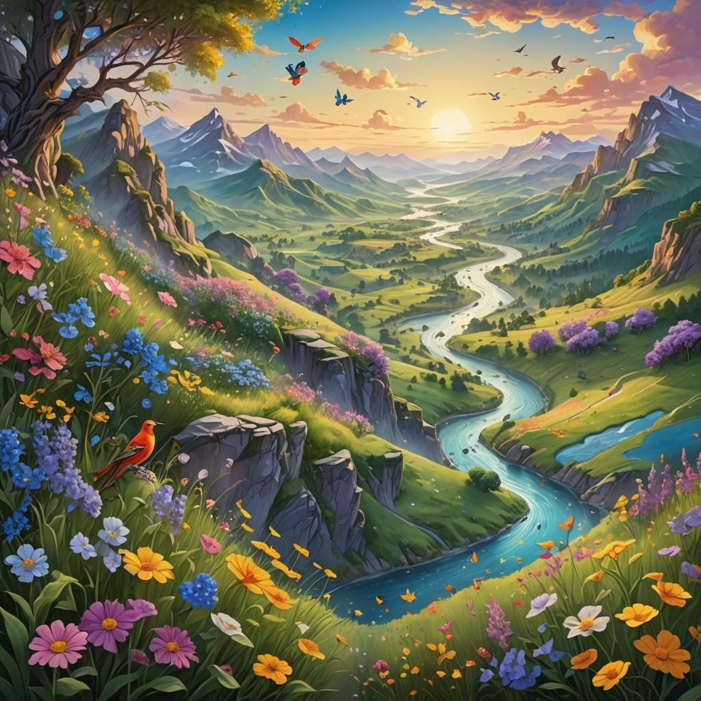 Anime Landscape with Birds, Butterflies, and River