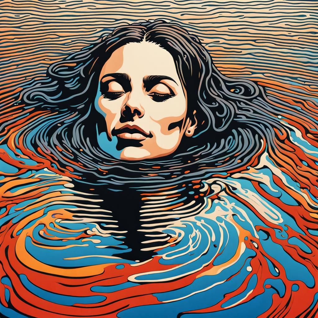 Woman in Water: Vibrant Linocut Print