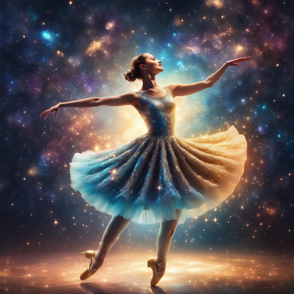 Ballerina Dances with Saxophone in Galaxy, Hyperrealistic
