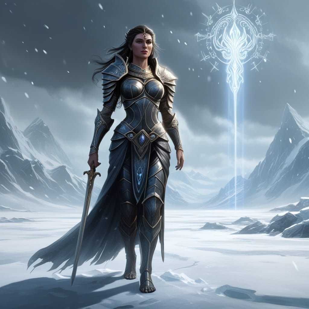Stoic Goddess on Icy Plain in Painterly Style