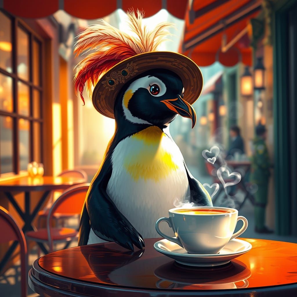 Elegant Penguin in Whimsical French Café Scene