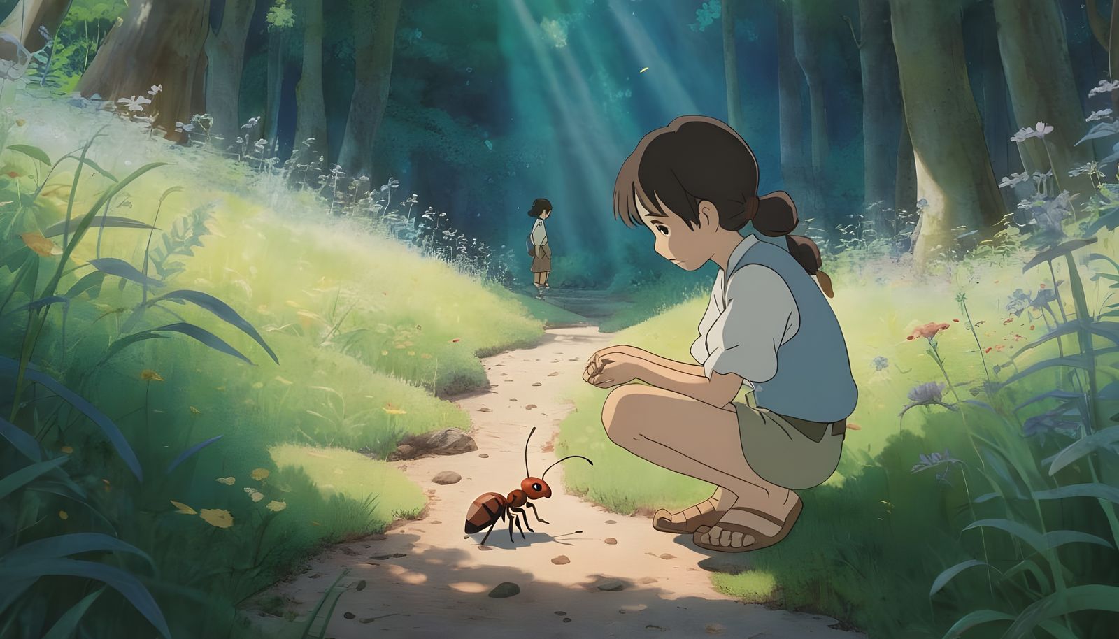 Child and Anthill: A Ghibli-Inspired Watercolor Scene