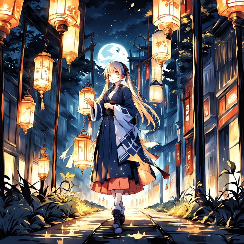 Anime Girl with Lantern in Manga Style