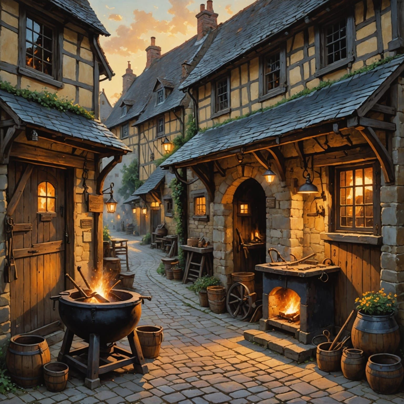 Rustic English Village Blacksmith Shop in Warm Oil Painting