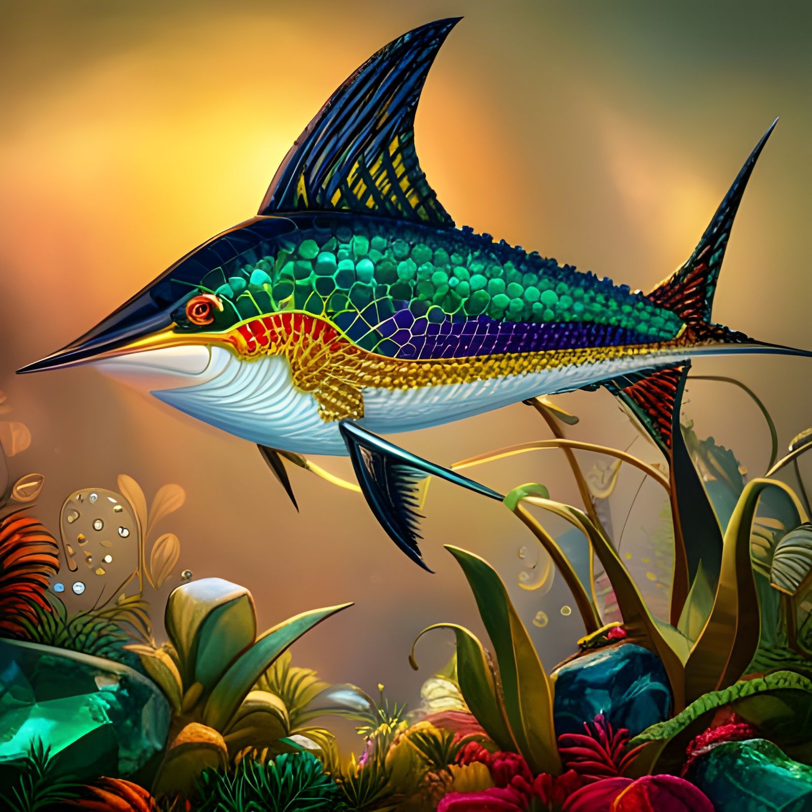 Jeweled Marlin Sculpture in Art Nouveau Style