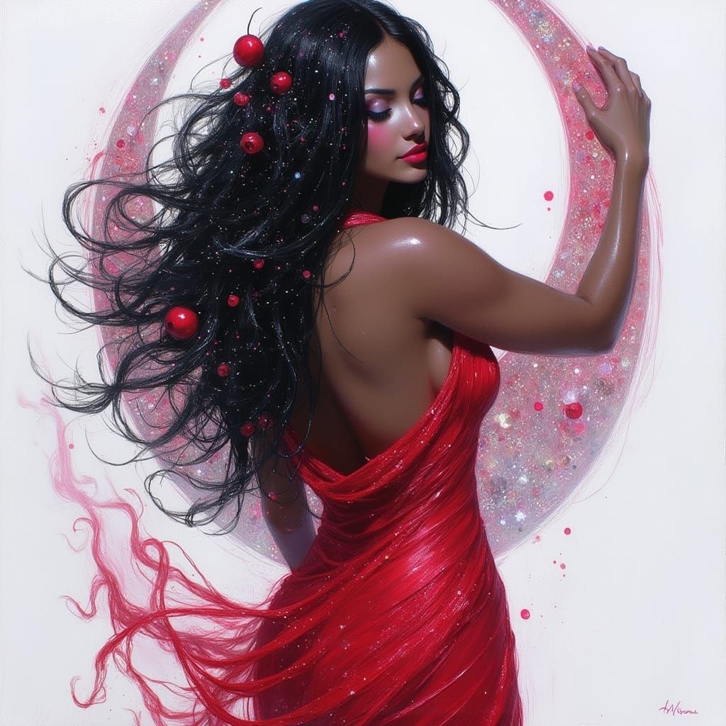 Surreal Woman Adorns Herself with Cherry Red Locks in Dark G...