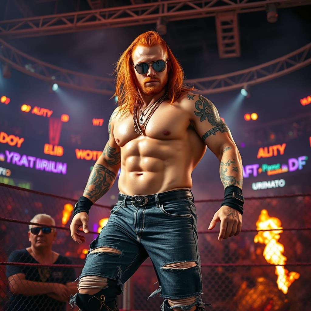 Cyberpunk Wrestler in Neon Arena with Flame Tattoos
