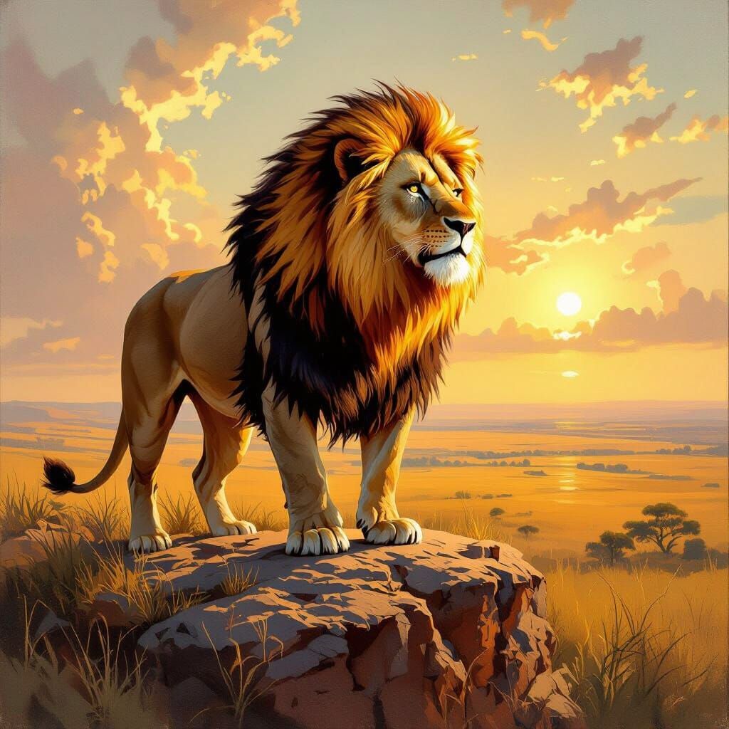 Lion with Fiery Mane Overlooking Savannah, as Oil Painting